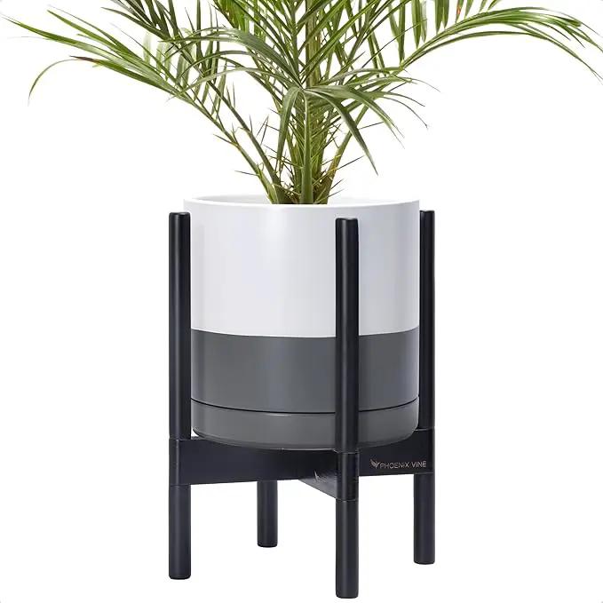 D'vine Dev Ceramic Planter with Ebony Stand - 10 Inch Modern Round Flower Pot with Wood Planter Holder, White/Grey, 55-B-L-6 by GreenHaven Gardens
