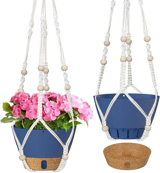 ZMTECH 2 Pack 10 Inch Blue Hanging Planters with Macrame Plant Hanger for Indoor and Outdoor Plants, Self Watering, Drainage Hole, Visible Level Tray by GreenHaven Gardens