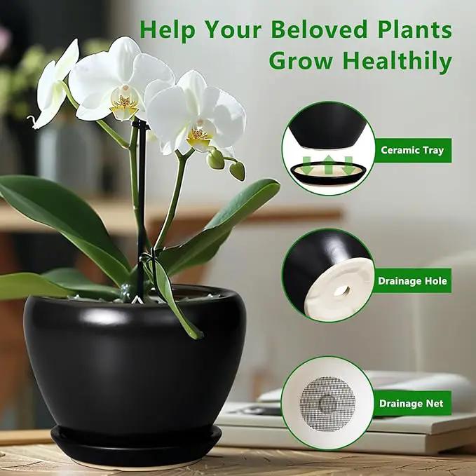 Ceramic Planter Pot - 6 Inch Plant Pot with Drainage Hole and Saucer Round Planter for Indoor Plants Outdoor Succulent Pot Modern Flower Pot for Home Decor Black by GreenHaven Gardens