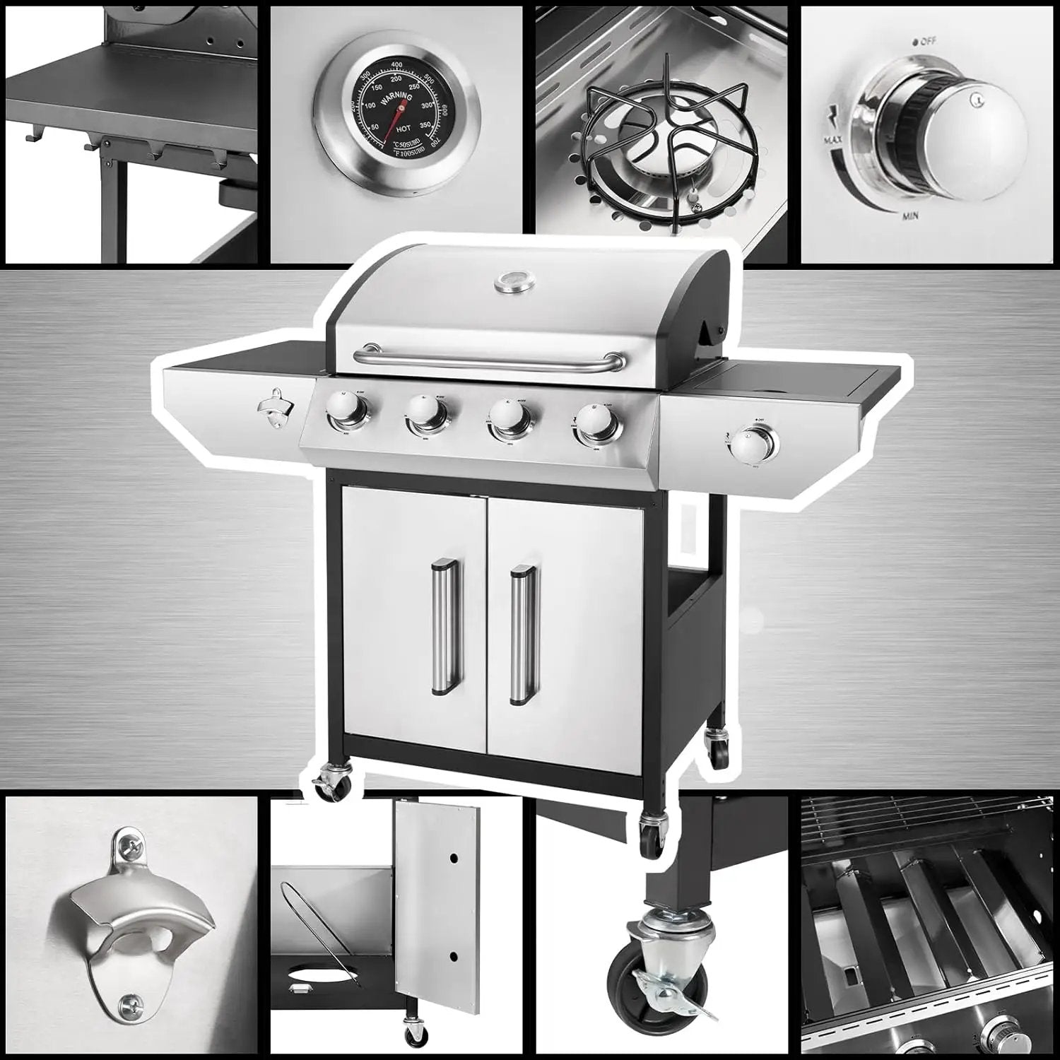4-Burner Propane Gas BBQ Grill with Side Burner, Barbecue Gas Grill with Enameled Cast Iron Grates for Outdoor Patio Garden Barbecue, 53,000 BTU, with Stainless Steel Grill Cover by GreenHaven Gardens