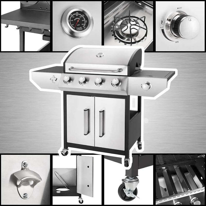 4-Burner Propane Gas BBQ Grill with Side Burner, Barbecue Gas Grill with Enameled Cast Iron Grates for Outdoor Patio Garden Barbecue, 53,000 BTU, with Stainless Steel Grill Cover by GreenHaven Gardens
