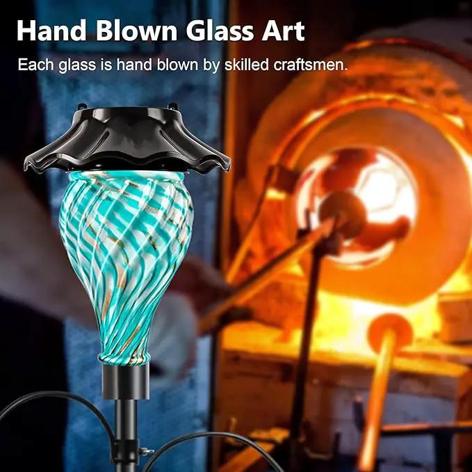 Solar Shepherds Hooks with Hand Blown Glass Lamp, Decorative RGB Lights, 4 Hooks & 1 Flag Holder, Heavy Duty Pole for Hanging Hummingbird Feeder, Bird Feeder, Wind Chime, Plant, Lantern (Teal) by GreenHaven Gardens