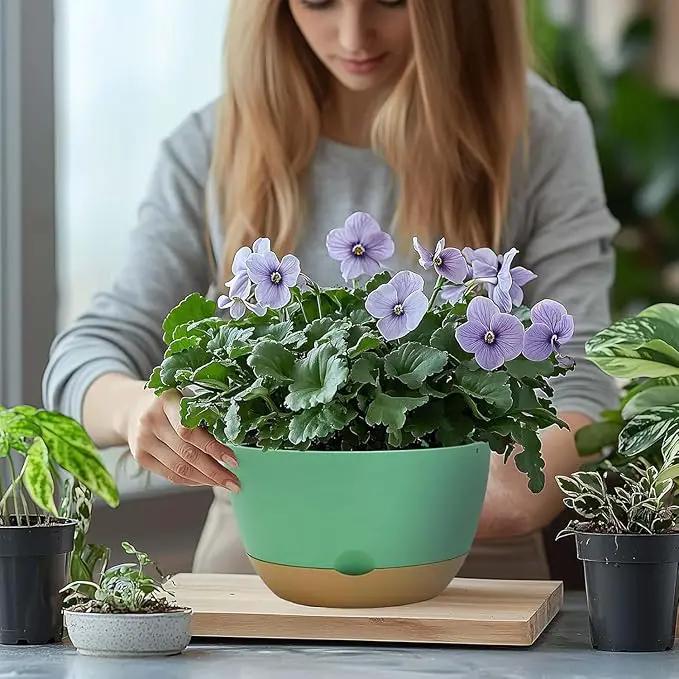10 Inch Pots for Indoor Plants, Large Self Watering Planters with Drainage and Saucers, Plastic Outdoor Flower Pot, Set of 2, Green by GreenHaven Gardens