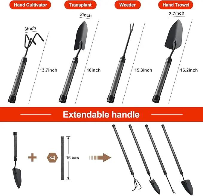 Garden Tools Set with Extension Handles, 5 Piece Thick Gardening Hand Tools, Heavy Duty Steel Rust-Proof Weeding Planting Tool Ideal Gardening Kit Gifts for Women and Men by GreenHaven Gardens