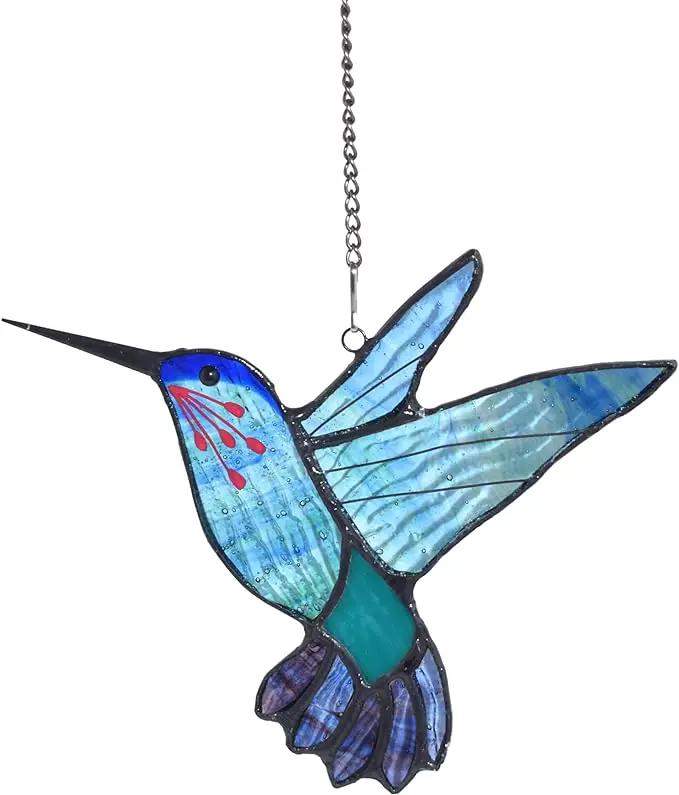 Lolitarcrafts Stained Glass Hummingbird Window Hangings with Flowers, Bird Stained Glass Suncatcher for Window Decor Hummingbird Gifts for Mom,Bird Lovers (Blue A) by GreenHaven Gardens