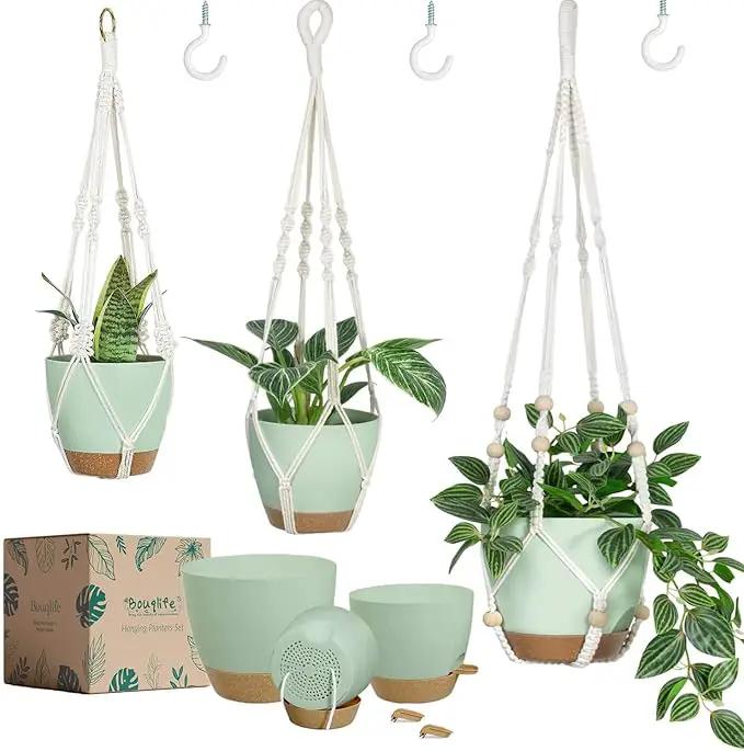 Self Watering Hanging Planters for Indoor Plants 3 Pack Macrame Plant Hangers with Drainage Holes Pots and Hooks for Home Garden Decor Green by GreenHaven Gardens