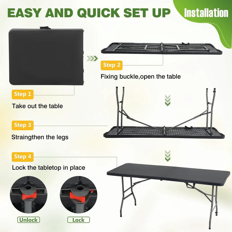 6FT Folding Table, Heavy Duty Plastic Table Portable Fold-in-Half Utility Table Indoor Outdoor Picnic Table w/Handle & Lock for Camping BBQ Party Wedding Market Events, Black by GreenHaven Gardens