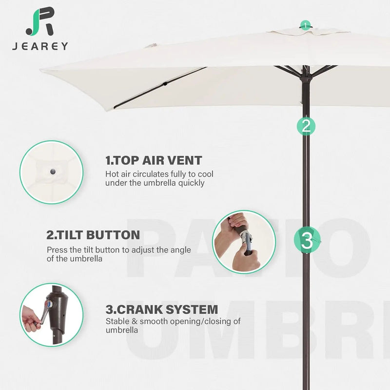 JEAREY 6.5x10 ft Rectangular Patio Umbrellas Outdoor Market Umbrella with Push Button Tilt and Crank, Rectangle Table Umbrella 6 Sturdy Ribs UV Protection for Pool Garden Backyard Deck, Cream-White by GreenHaven Gardens