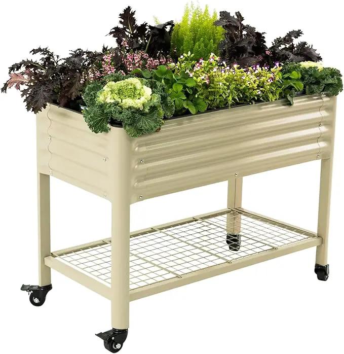 Rolling Elevated Raised Garden Bed-V Series, 2' x 4' Garden Beds with Legs & Storage Rack for Patio & Porch, 700 Lbs Weight Capacity, Outdoor Planter Box for Vegetables Flower Herbs, Pearl White by GreenHaven Gardens