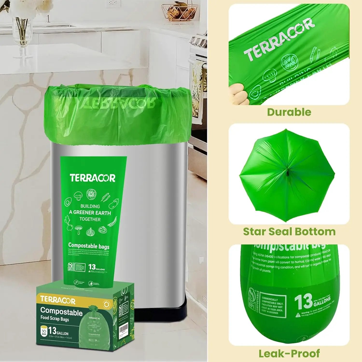 13 Gallon Compostable Trash Bags,50 Count, Heavy Duty Tall Kitchen Food Scrap Waste Bag,Certified BPI and ASTM D6400 Standard by GreenHaven Gardens