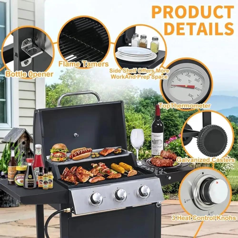 3-Burner Propane Gas Grill, 25,650 BTU Outdoor BBQ Grill with Stainless Steel Warming Rack, Enameled Cooking Grids, Built-in Thermometer & Foldable Side Tables - Portable Design with 6" Wheels by GreenHaven Gardens