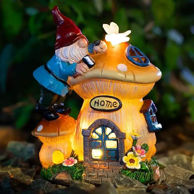 Garden Gnome Statues Figurine Lights - Solar Powered Lighting Outdoor Decorations, Gnome Build Mushroom House, Yard Art Lawn Ornaments for Porch Patio Balcony - Gnome Gifts for Women Mom by GreenHaven Gardens