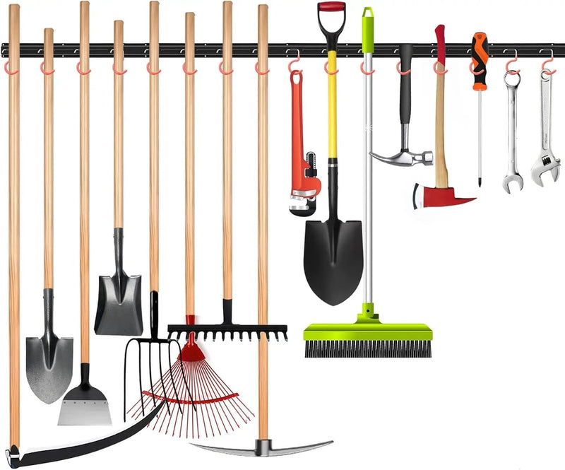 WALMANN All Metal 64 Inch Wall Mount Garden Tool Organizer for Garage, Mop and Broom Holder, Yard Tool Storage Rack for Rake, Shovel, Spade, Mop, Broom(4 Rails, 16 Hooks) by GreenHaven Gardens