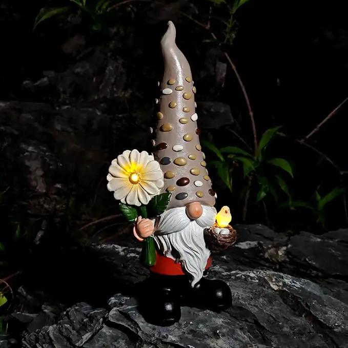 12 Inch Solar Garden Gnome Statue Clearance with Sunflower and Bird's Nest Light – Outdoor High Hat Gnome Sculpture Outdoor Statue for Patio and Garden Decor – Figurine Gift for Gnome Lovers by GreenHaven Gardens