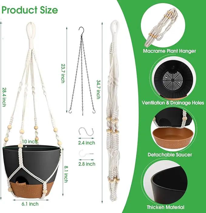 Hanging Planters for Indoor Outdoor Plants, 2 Pack Self Watering Hanging Pot with Drainage Holes, Removable Tray & 2 Kinds of Plant Hangers, 10'' Hanging Flower Pots for Home Garden Decor, Black by GreenHaven Gardens