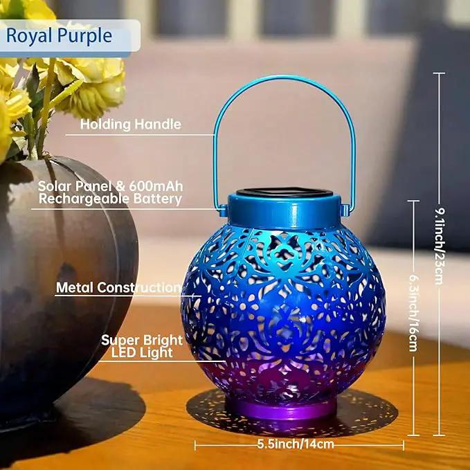 2 Pack Outdoor Solar Hanging Lantern Lights Metal LED Decorative Lamp for Garden Patio Courtyard Lawn and Table with Hollowed-Out Design (Royal Purple) by GreenHaven Gardens
