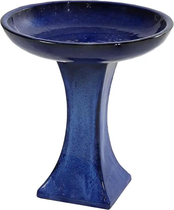 Sunnydaze Ceramic Bird Bath for Outside - 16" H - UV- and Frost-Resistant - Pedestal Bird Bath - Blue Glazed Bowl - Blue Glaze Finish by GreenHaven Gardens