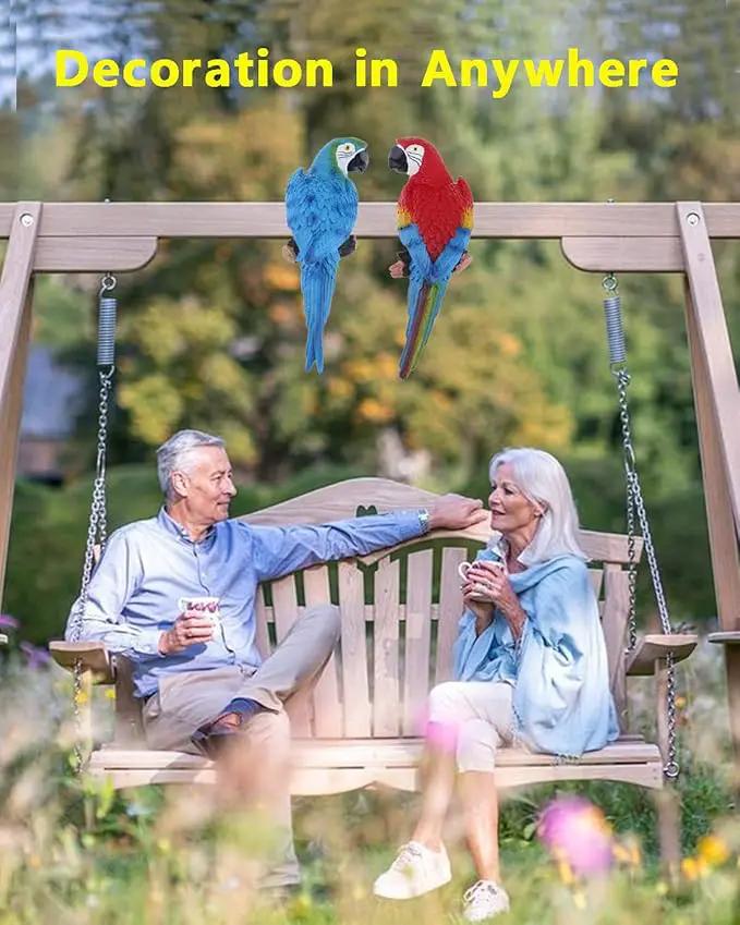 2Pcs Large Resin Parrot Decor Statues Lifelike Hawaiian Tropical Birds Decor, 12.5" Fake Parrot for Tiki Decoration Outdoor Garden Tree Wall Pool Macaw Statues Bird Lover Ornament Gifts(Blue and Red) by GreenHaven Gardens