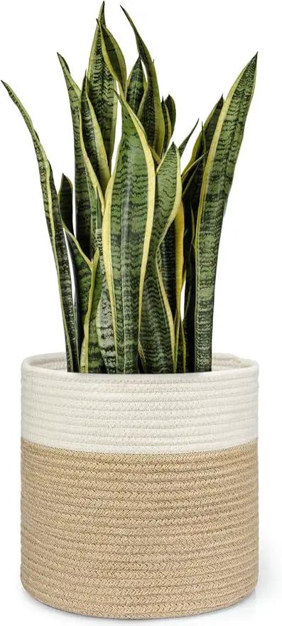 Dahey Jute Spliced Cotton Rope Plant Basket Modern Woven Storage Basket for 10" Floor Indoor Planter, Decorative Flower Pots Cover Laundry Bin with Handle Rustic Home Decor, White and Beige by GreenHaven Gardens