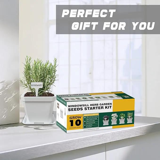 10 Herb Seeds Garden Starter Grow Kit with White Pots, Markers, Nutritional Soil, Watering, Herb Clipper, Complete Indoor Potted Plant Growing Set for Kitchen DIY by GreenHaven Gardens