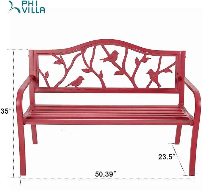 PHI VILLA Outdoor Patio 50" Metal Park Bench Red, Steel Frame Bench with Backrest and Armrests for Porch, Patio, Garden, Lawn, Balcony, Red Bird by GreenHaven Gardens