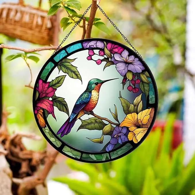 Hummingbirds and Flowers Pattern Hanging Stained Glass Suncatcher,Stained Glass Suncatchers for Windows,20cm/7.87inch Hand-Painted Sun Catcher Garden Painted Glass Panel Decor Themed Gift by GreenHaven Gardens