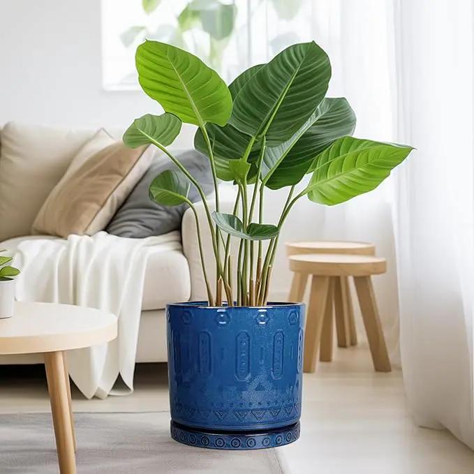 10 Inch Plant Pot - Ceramic Planter Outdoor Plant Pot Indoor with Drainage Holes and Saucer Large Flower Pot Round Decorative Planter for Garden Patio Decor Blue by GreenHaven Gardens