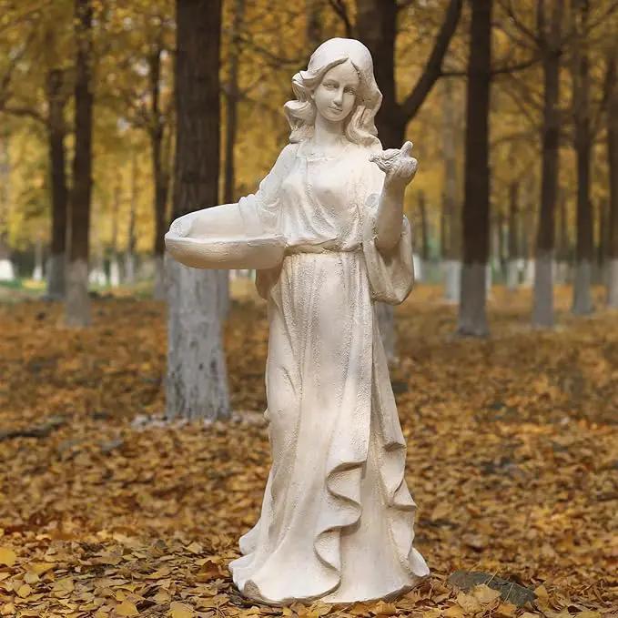Garden Outdoor Nymph Statue Girl Maid Statue 40 Inch with Birdbath Bird Bath Bowl Magnesium Oxide Sculpture Patio Yard Lawn Decor Ivory by GreenHaven Gardens
