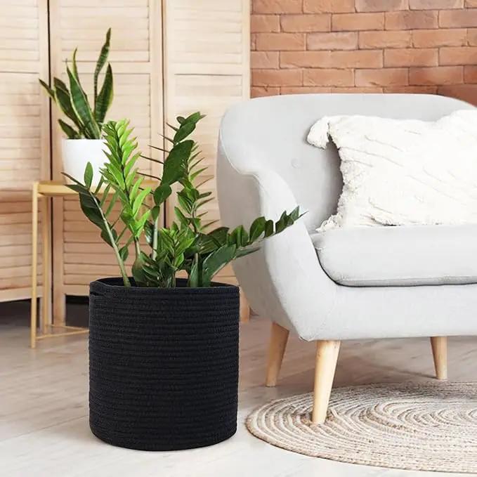 Cotton Rope Plant Basket, Woven Basket Planter for 11 inch Pot, Round Indoor Tree Pot Cover, Storage Bin Organizer, Modern Basket for Plants and Home Decor, 12.5”X12.5”, Black by GreenHaven Gardens