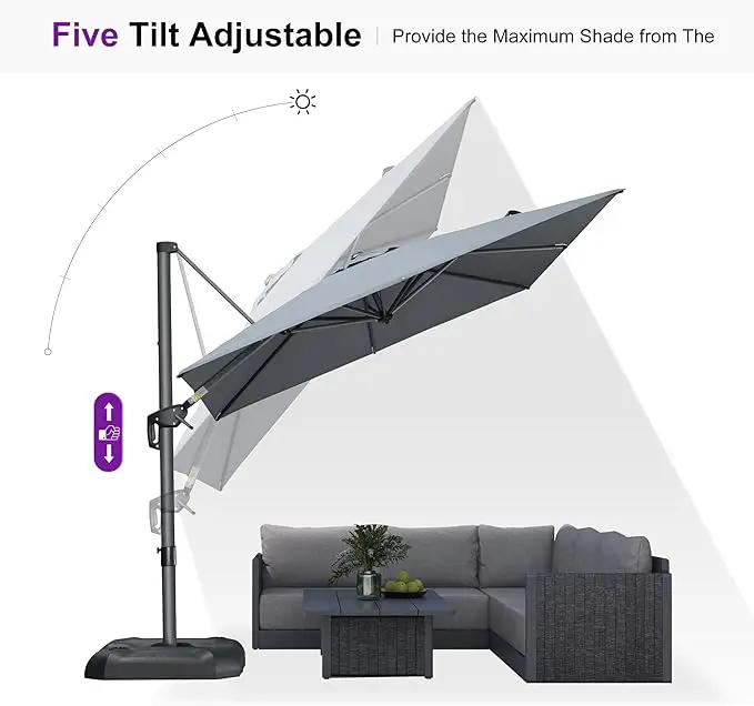 PURPLE LEAF 8 Feet Square Cantilever Umbrella Patio Umbrella with Base Outdoor Umbrella Aluminum Offset with 360-degree Rotation for Garden Deck Pool Patio Light Grey by GreenHaven Gardens