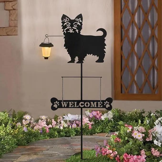 BAYN Solar Yorkie Silhouette Dog Breed Welcome Sign with a Lantern Outdoor Decorative Garden Stakes for Yard, Lawn, Patio, Pathway by GreenHaven Gardens