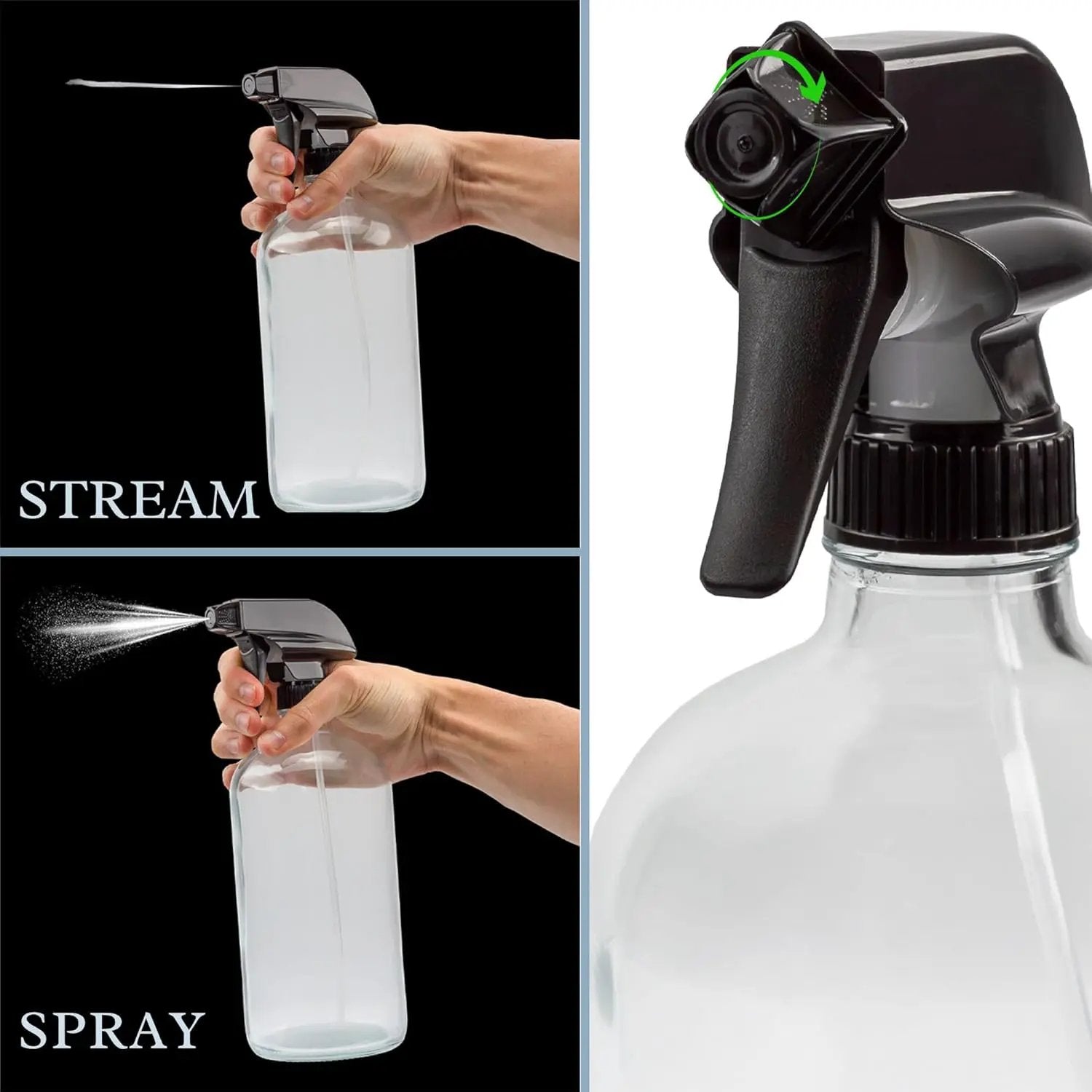 Cornucopia 32oz Glass Spray Bottles (2-Pack, Clear); Quart Bottles w/ 3-Setting Adjustable Trigger Sprayers; Includes Chalk Labels by GreenHaven Gardens