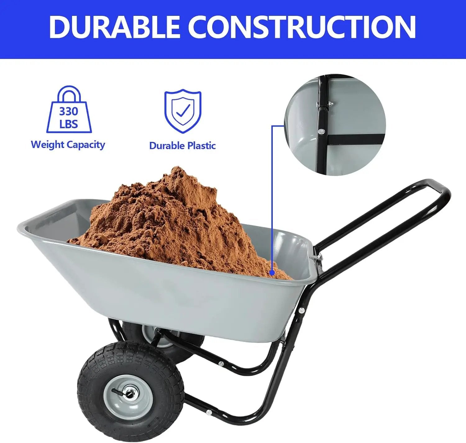Dual Wheel Wheelbarrow, Heavy Duty Garden Cart, 300 lbs Capacity Utility Cart with Two 15 inches Pneumatic Tires for Outdoor Lawn Yard Farm Ranch (Gray) by GreenHaven Gardens