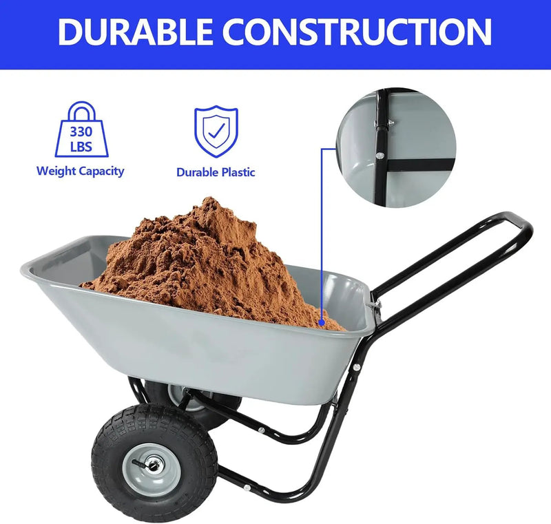 Dual Wheel Wheelbarrow, Heavy Duty Garden Cart, 300 lbs Capacity Utility Cart with Two 15 inches Pneumatic Tires for Outdoor Lawn Yard Farm Ranch (Gray) by GreenHaven Gardens