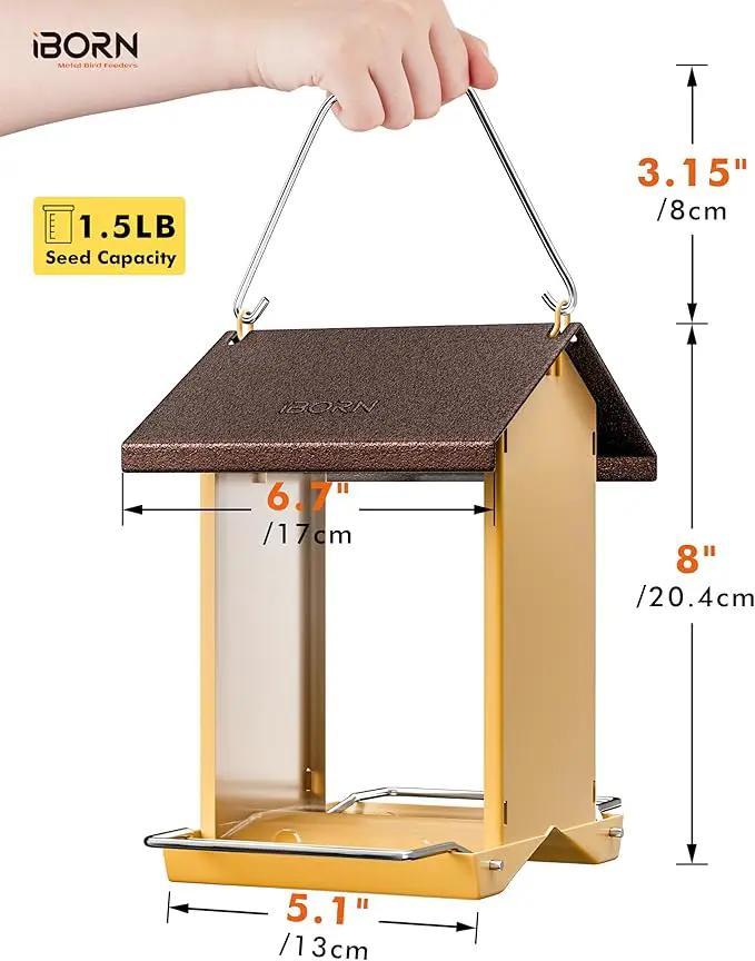 iBorn Bird Feeders for Outdoors,Bird House Feeder with Weatherproof Metal Roof & 8 Drain Holes,Fully Detachable Birdfeeder Design,Easy Clean & Refill,Chew-Proof PC Windows,1.5 Lbs Capacity,Coffee Roof by GreenHaven Gardens