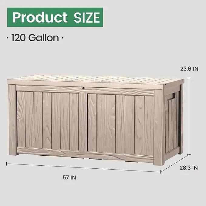 120 Outdoor Storage Box, Waterproof Resin Deck Box for Indoor & Outdoor Use, Lockable Storage Bench with Piston Hinge, Storage Bin for Patio Cushions, Garden Tools, Package Delivery, Grey by GreenHaven Gardens
