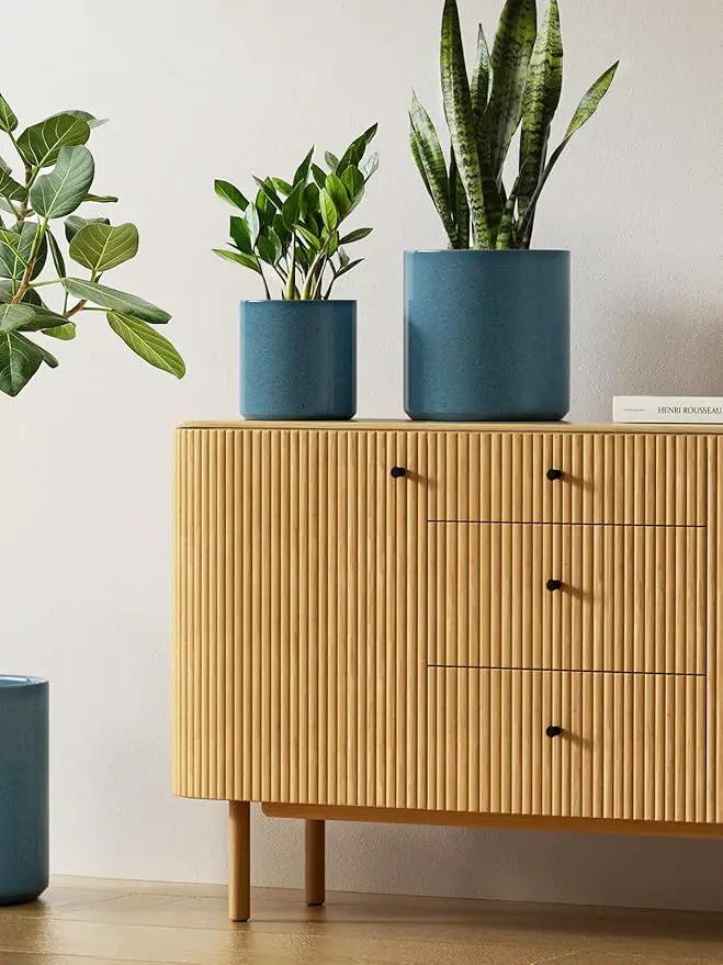 LE TAUCI Ceramic Plant Pots Indoor, 10 Inch 8 Inch 6 Inch Planters for Indoor Plants, Mid-Century Modern Flower Pots with Drainage Hole, Cylinder Round Planter Pots, Set of 3, Reactive Glaze Blue by GreenHaven Gardens