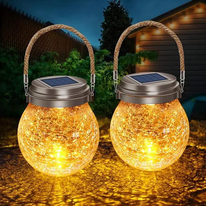 DBF Solar Lanterns Outdoor Waterproof, 2 Pack Hanging Solar Lights Outdoor, LED Cracked Glass Ball Globe Lantern Garden Decor for Patio Backyard Pathway Tree Porch Fence Events (Amber Warm & RGB) by GreenHaven Gardens