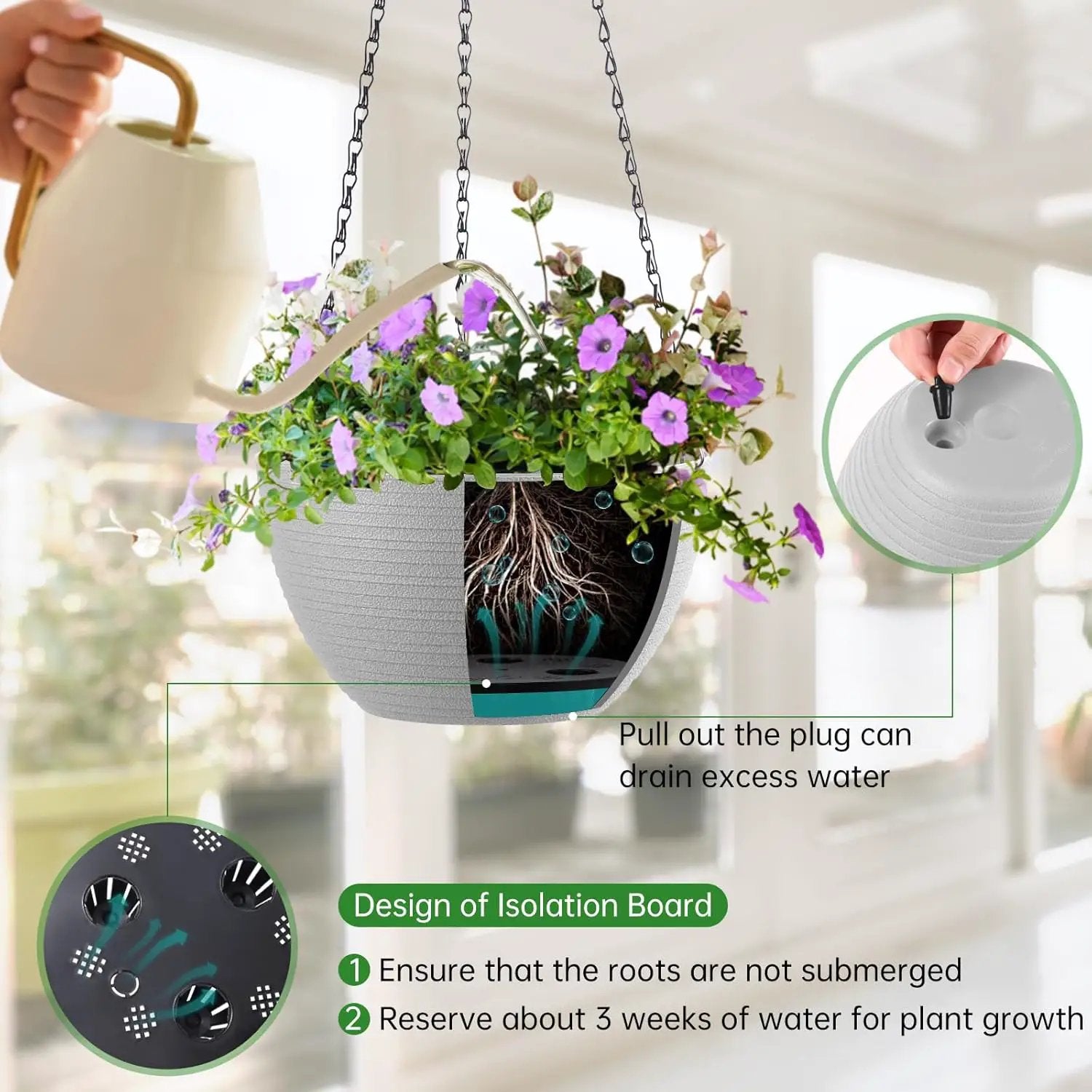 Hanging Planters for Indoor Outdoor Plants, Set of 2 Self Watering Hanging Pots with Drainage Hole & Plug and 20" Chain & Hooks by GreenHaven Gardens