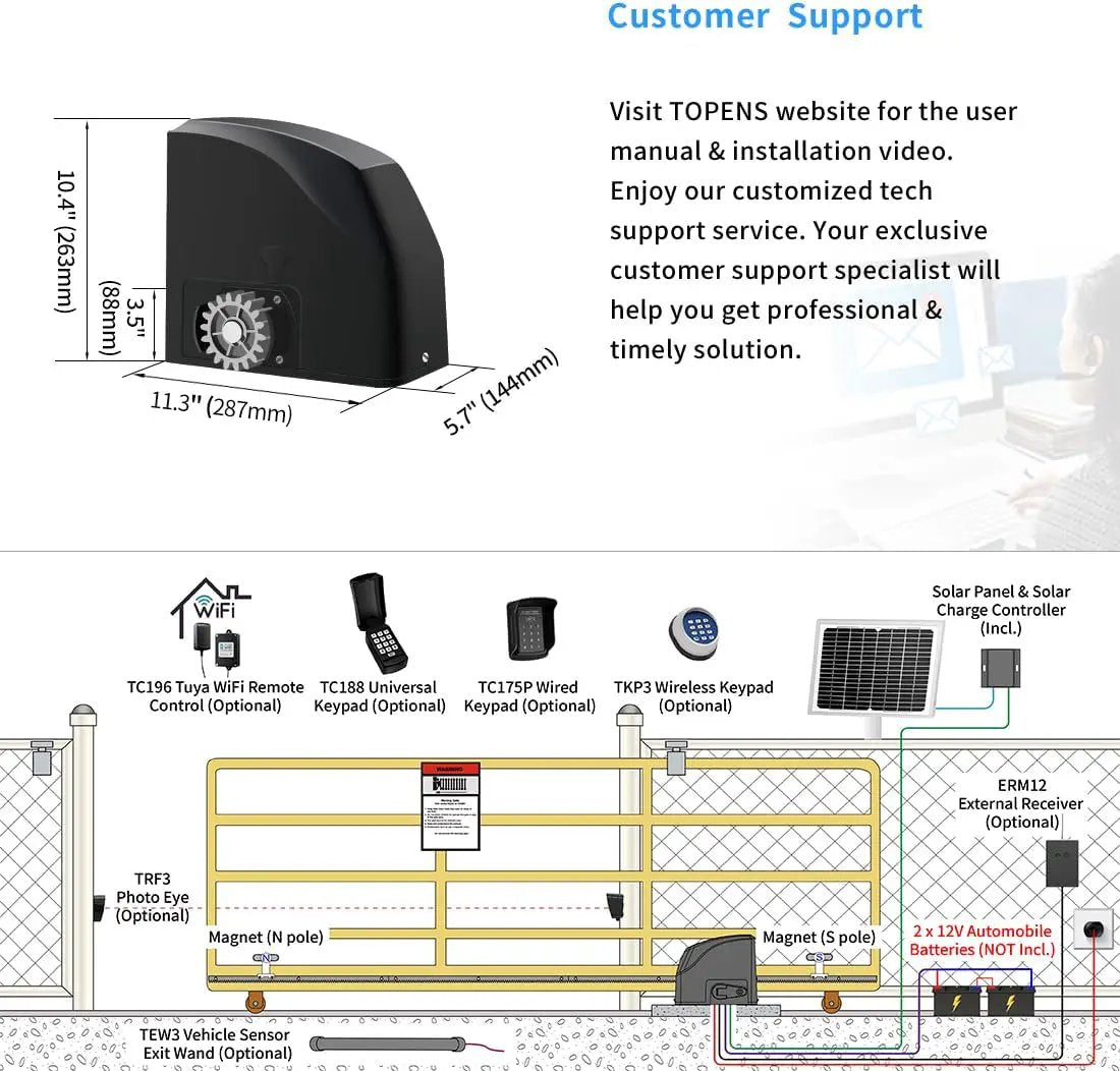 TOPENS DKR500ST Solar Sliding Gate Opener Rack Drive Automatic Gate Motor for Heavy Driveway Slide Gates Up to 1300 Pounds, Electric Gate Operator Battery Powered with Solar Panel Remote Control Kit by GreenHaven Gardens