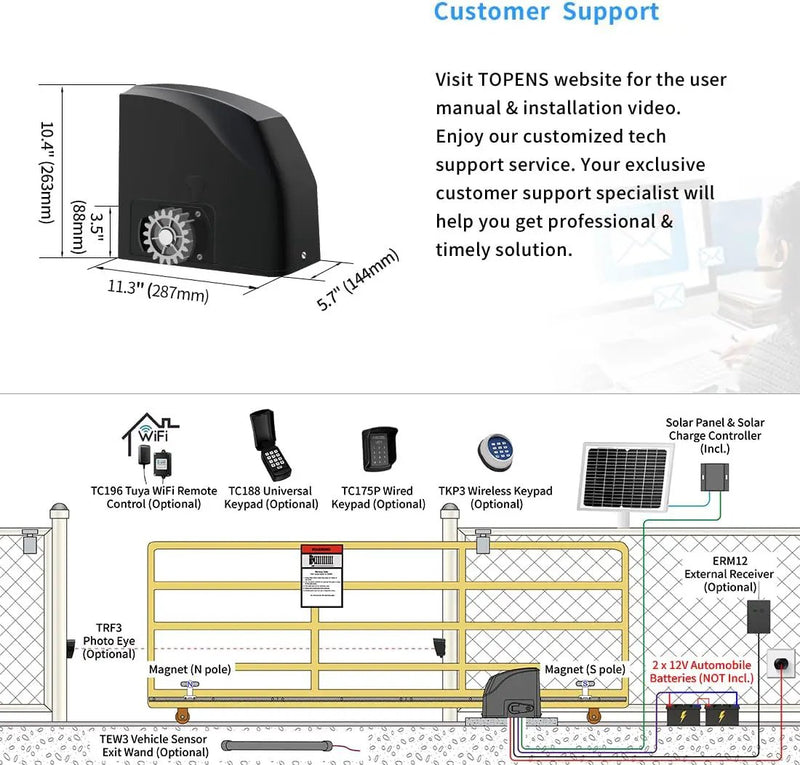 TOPENS DKR500ST Solar Sliding Gate Opener Rack Drive Automatic Gate Motor for Heavy Driveway Slide Gates Up to 1300 Pounds, Electric Gate Operator Battery Powered with Solar Panel Remote Control Kit by GreenHaven Gardens