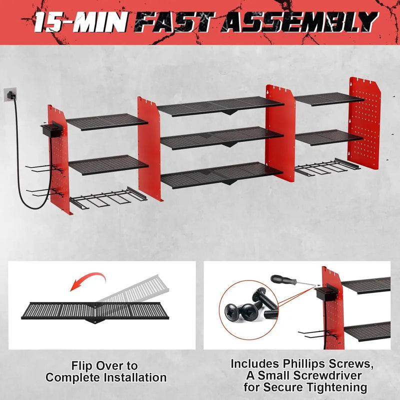 Power Tool Organizer Wall Mount with Charging Station, 45.5" Expanded Garage Wall Tool Organizer with 4 Pegboard Hooks, 6.5FT Outlet Power Strip, Large Garage Storage Rack for Impact Wrenches by GreenHaven Gardens