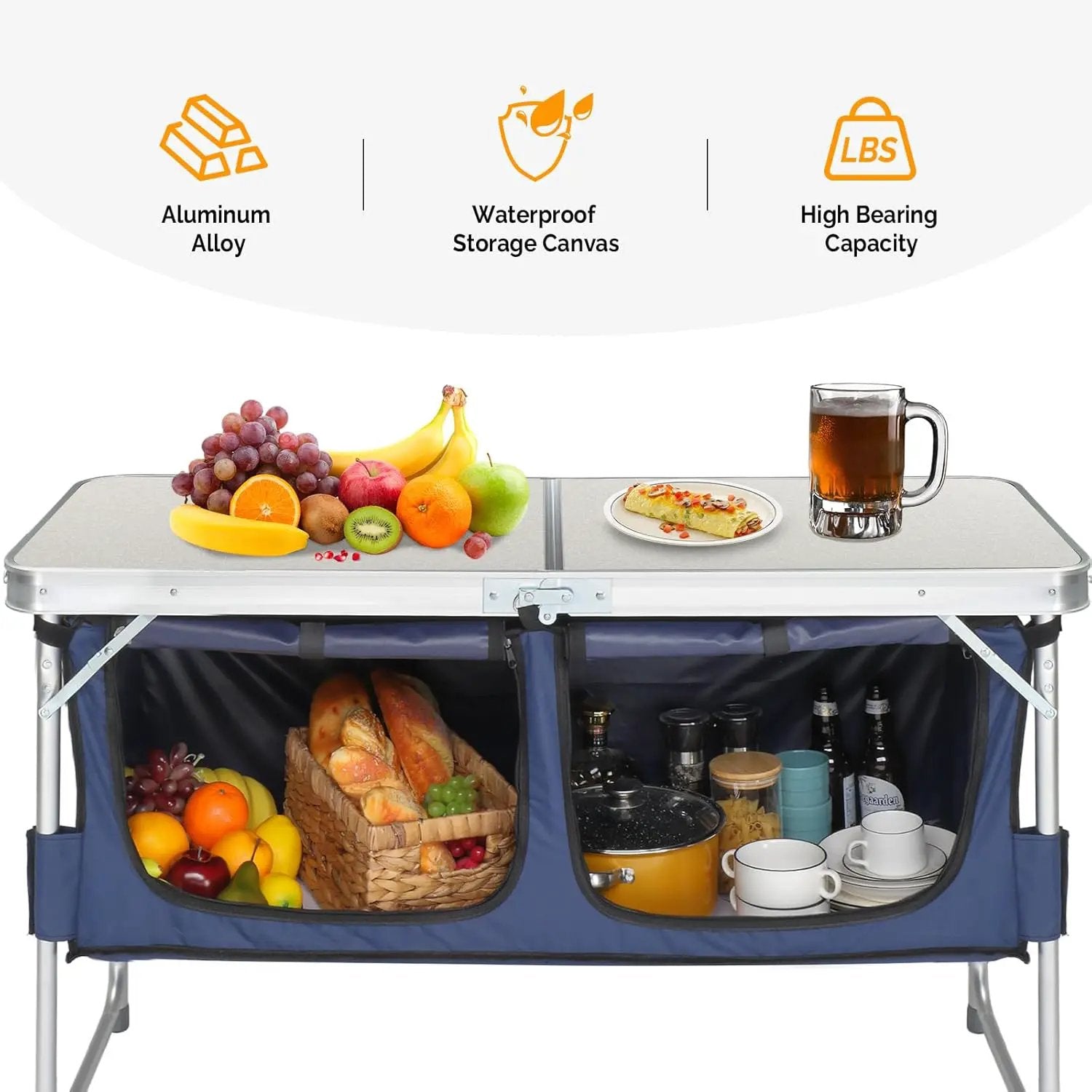 Outvita Portable Camping Table with Storage, Outdoor Aluminum Folding Camping Table with 3 Adjustable Height, Foldable Camp Tables for Backyards BBQ Party Picnic Beach Indoor, White by GreenHaven Gardens