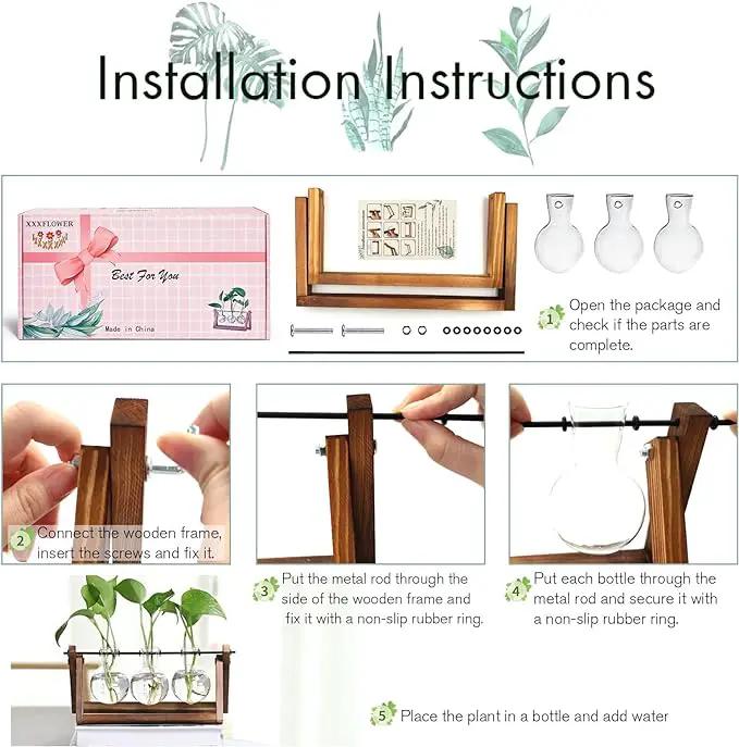 XXXFLOWER Plant Terrarium with Wooden Stand, Air Planter Bulb Glass Vase Metal Swivel Holder Retro Tabletop for Hydroponics Home Garden Office Decoration - 3 Bulb Vase by GreenHaven Gardens