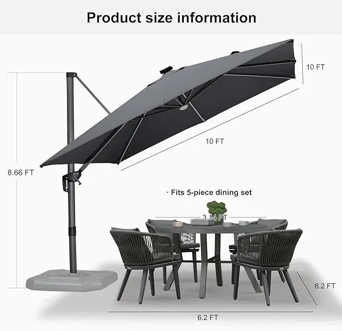 PURPLE LEAF 10 Feet Patio Umbrella with Base Outdoor Cantilever Solar Powered LED Square Umbrella Aluminum Offset Umbrella with 360-degree Rotation for Garden Deck Pool Patio Light Grey by GreenHaven Gardens