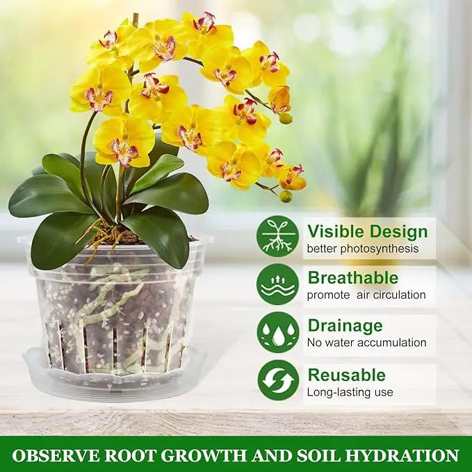 REMIAWY Orchid Pot, 12 Orchid Pots with Holes and 9 Saucers, 3 Each of 4.1, 4.8, 5.7 and 6.4 Inch Clear Flower Planter for Repotting, Plastic Breathable Plant Nursery Planters with Drainage by GreenHaven Gardens