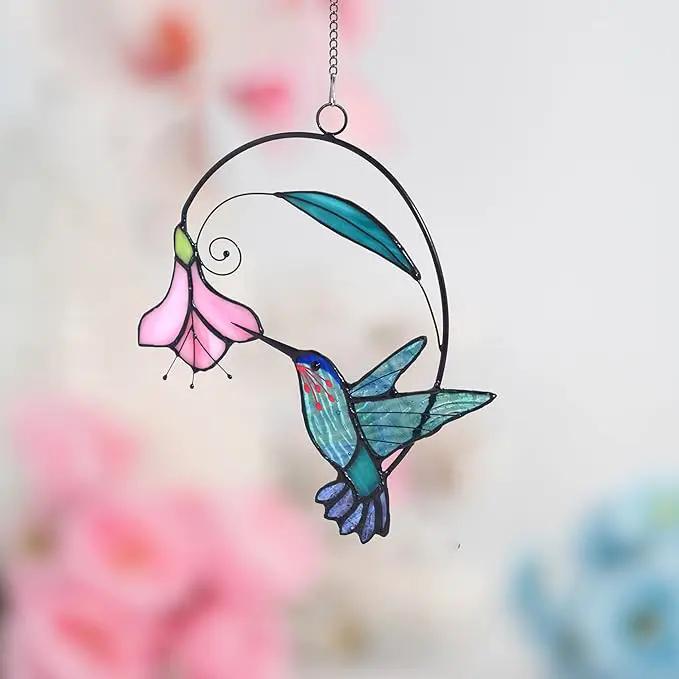 Lolitarcrafts Stained Glass Hummingbird Window Hangings with Flowers, Bird Stained Glass Suncatcher for Window Decor Hummingbird Gifts for Mom,Bird Lovers (Blue with Flower A) by GreenHaven Gardens