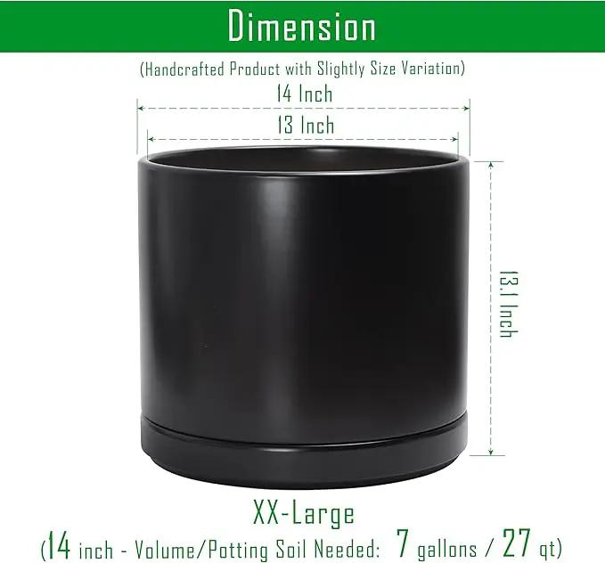 D'vine Dev 14 Inch Ceramic Planter Pot with Drainage Hole and Saucer, Indoor Cylinder Round Planter Pot, Black, 94-O-G-2 by GreenHaven Gardens