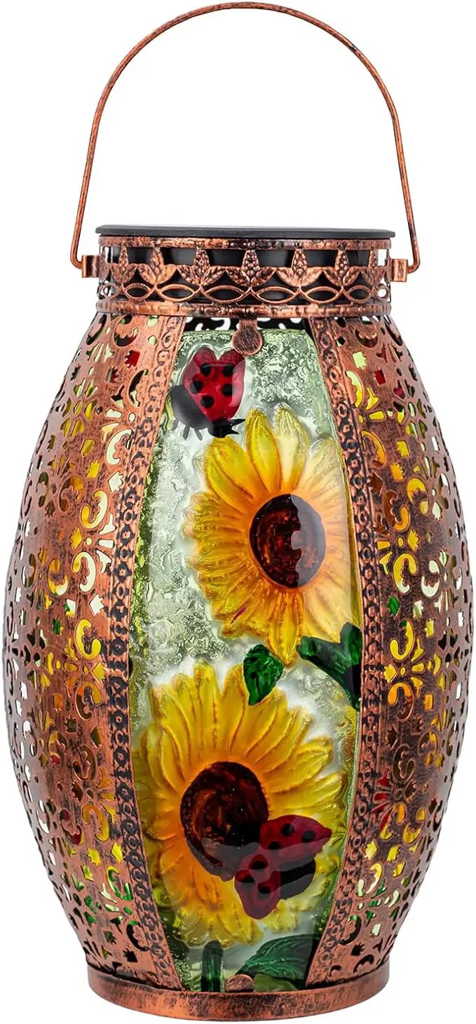 Sunflower Solar Lanterns Outdoor Waterproof,Hanging Solar Lantern with Ladybug,Outdoor Solar Lanterns with Hollowed-Out Design Metal &Glass Lantern,Solar Lights for Garden Patio Lawn Decor by GreenHaven Gardens