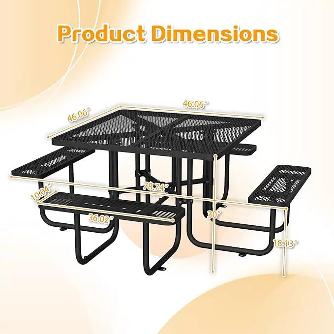 79'' Steel Square Picnic Table for Outdoors, Expanded, Lifetime Picnic Table with Umbrella Hole, Heavy Duty Sturdy Commercial Picnic Tables for Garden Courtyard BBQ, Black by GreenHaven Gardens
